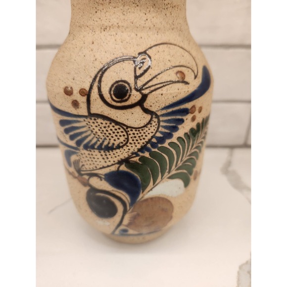 Hand Painted Art Pottery Mexican Tonala‎ Bird Flowers Floral Vase Signed 8 1/4" - Picture 3 of 11